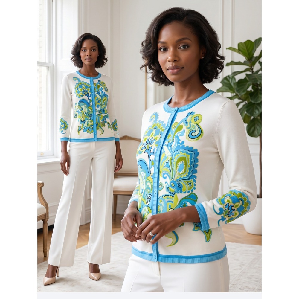 Sigrid Olsen Silk Blend Paisley Floral Cardigan Ivory Blue Green Knit Small